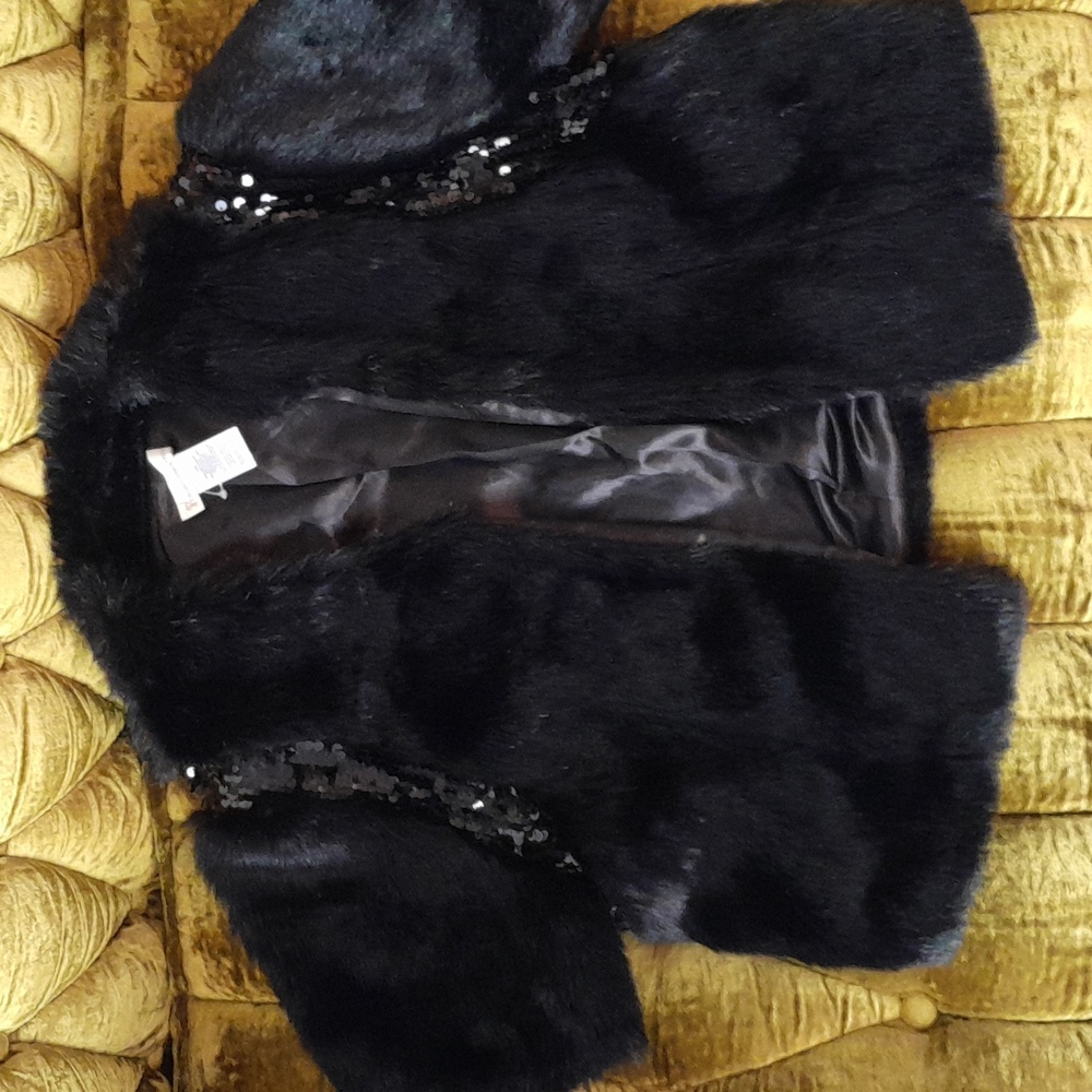 Black Faux Fur Jacket with Sequins Waist Length. NWOT